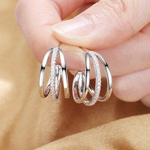 NEW Sterling Silver White Sapphires Triple Half-Hoops